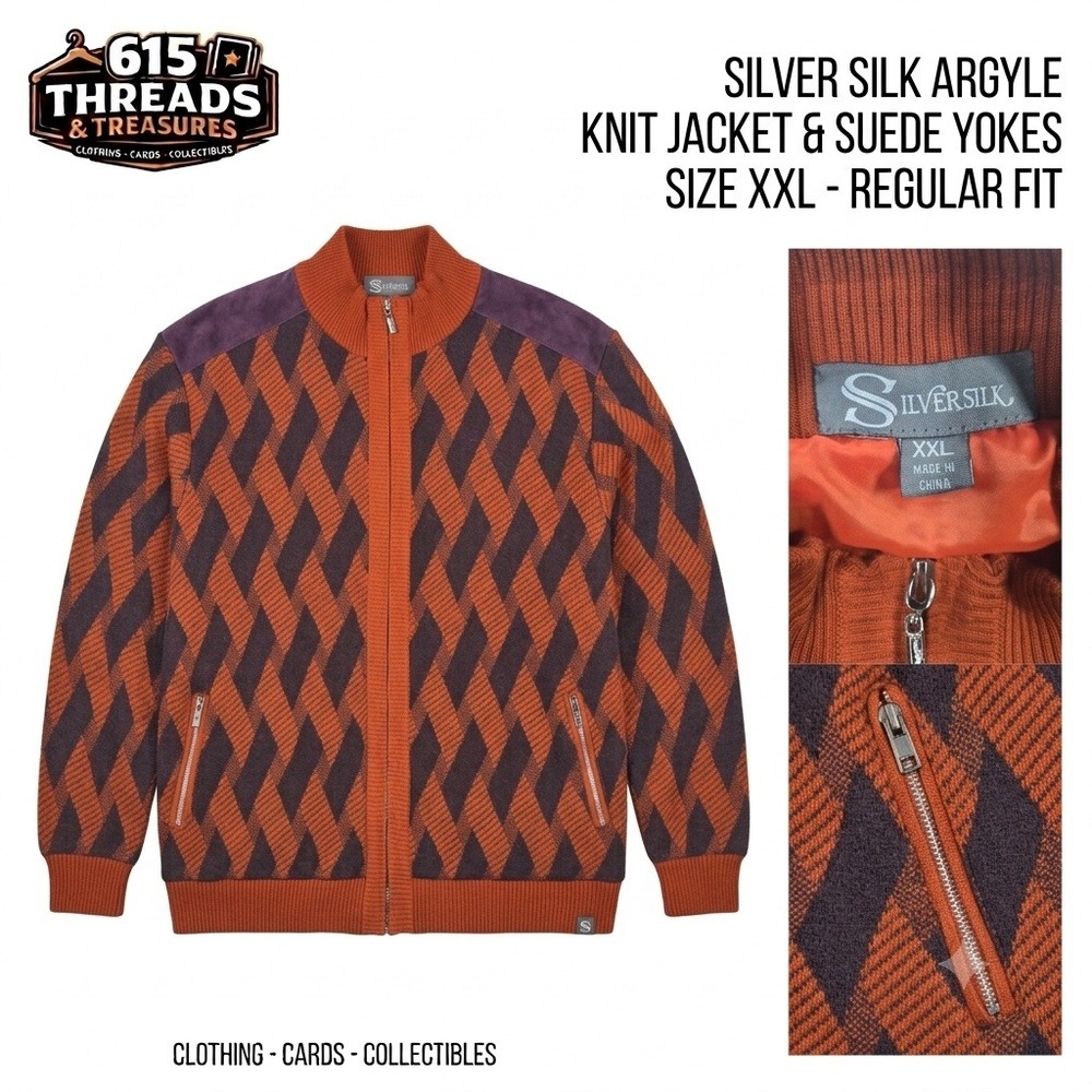SilverSilk Mens Jacket XXL Sweater Full Zip Burnt Orange Brown Diamond Knit
